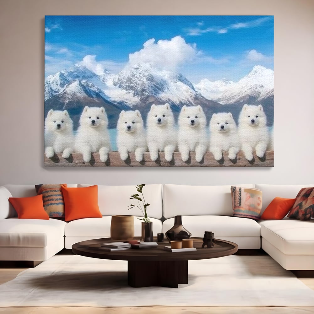 Tablou canvas cu tablou canvas cu sapte catei pe munti, fara rama, pe sasiu de lemn, pe perete intr-un living